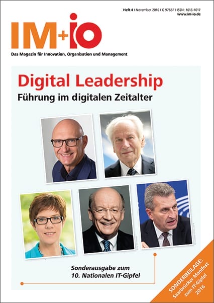 Cover zur Ausgabe "Digital Leadership" des Magazins IM+io zu Themen der Digitalisierung, Management und Wissenschaft