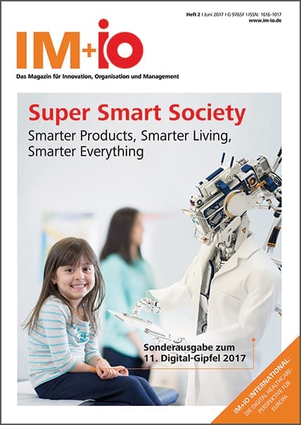 Cover zur Ausgabe "Super Smart Society" des Magazins IM+io zu Themen der Digitalisierung, Management und Wissenschaft