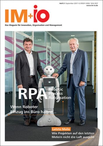 Cover zur Ausgabe " Robotic Process Automation RPA" des Magazins IM+io zu Themen der Digitalisierung, Management und Wissenschaft