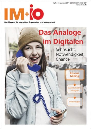 Cover zur Ausgabe "Das Analoge im Digitalen" des Magazins IM+io zu Themen der Digitalisierung, Management und Wissenschaft