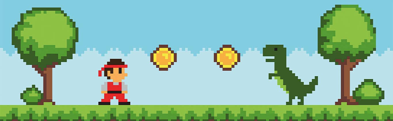 Pixelbild mit einem Mann und einem Dino
