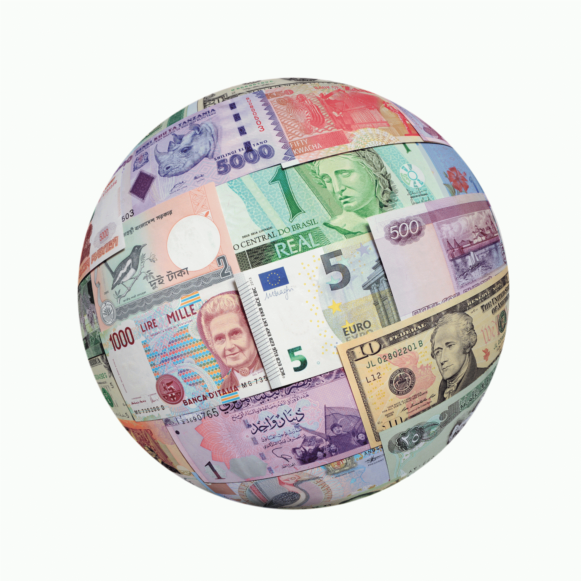 Eine Weltkugel aus Geldscheinen