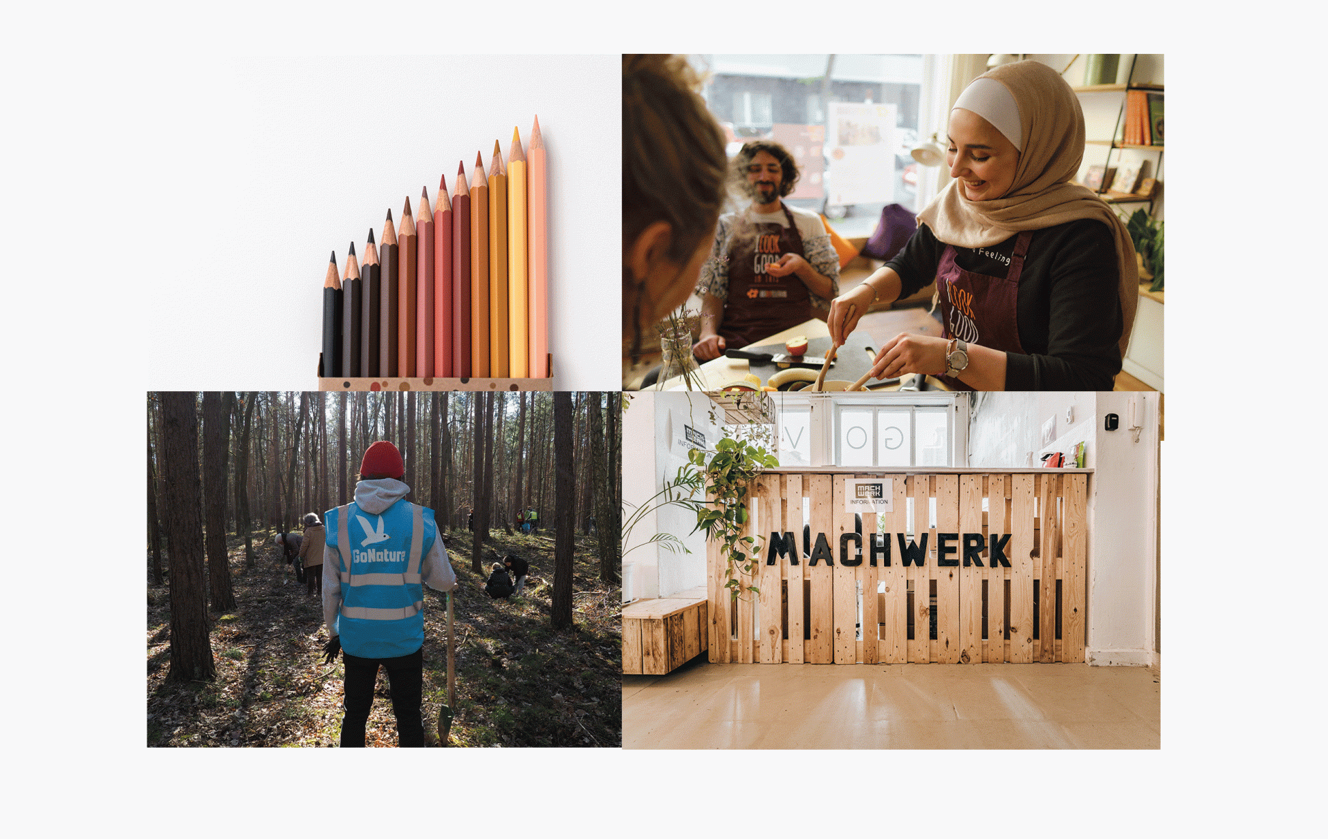 Collage aus Buntstiften, internationalen Verkäuferteam, Umweltschutz und einem modernen Büro