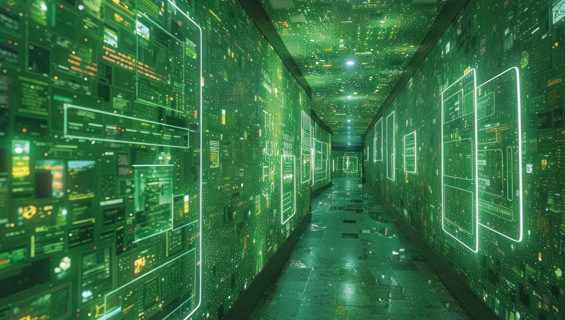 Grüner Raum mit digitalen Vernetzungen an den Wänden.