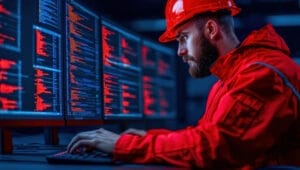 Mann tippt an einer Tastatur vor einem Bildschirm