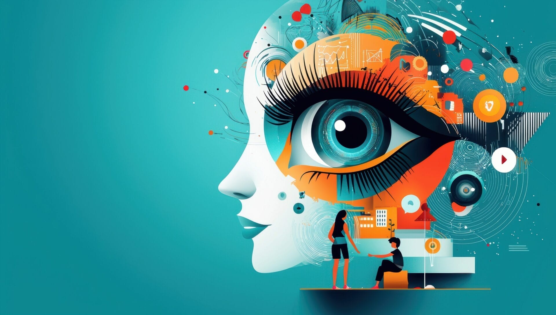 Bunte Illustration mit einem Gesicht und Menschen