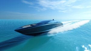 Ein schnittiges Schnellboot rast über den Ozean und hinterlässt eine weiße Schaumspur