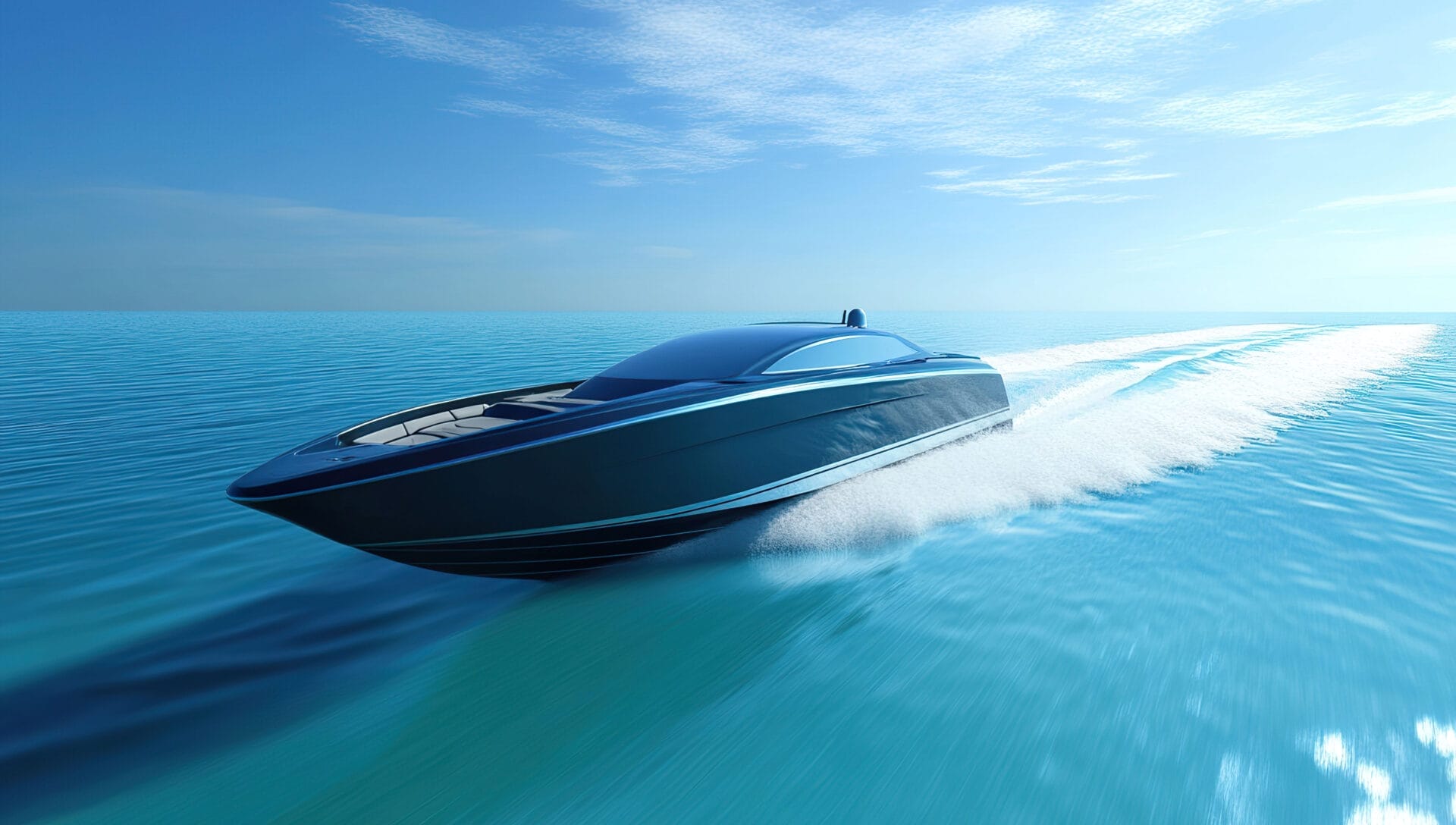 Ein schnittiges Schnellboot rast über den Ozean und hinterlässt eine weiße Schaumspur