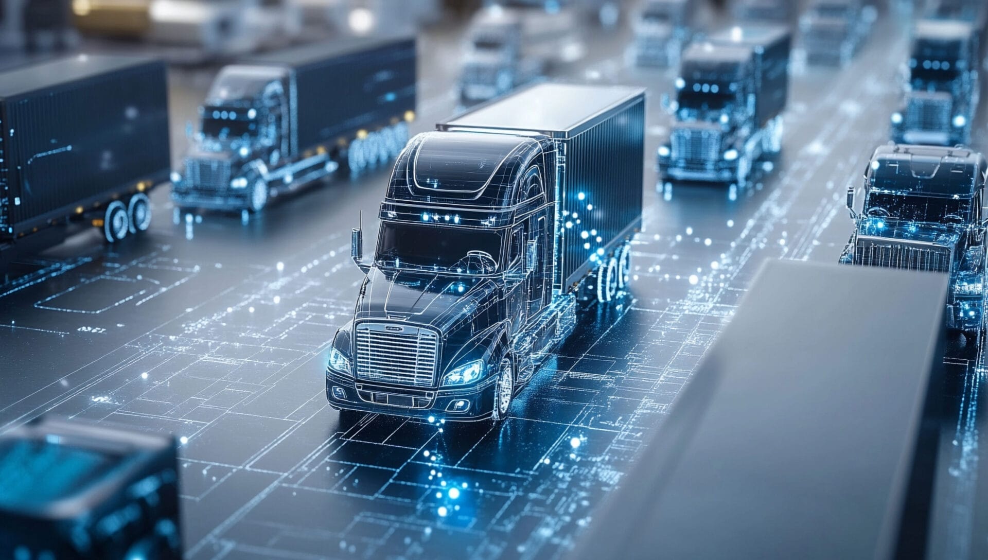 Blaue Lastwagen fahren auf einer digitalen Straße