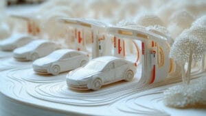 Umweltfreundliche, mit Quilling versehene Elektroladestation mit eingesteckten Autos - Konzept für nachhaltige Automobiltechnologie im Scherenschnitt-Stil