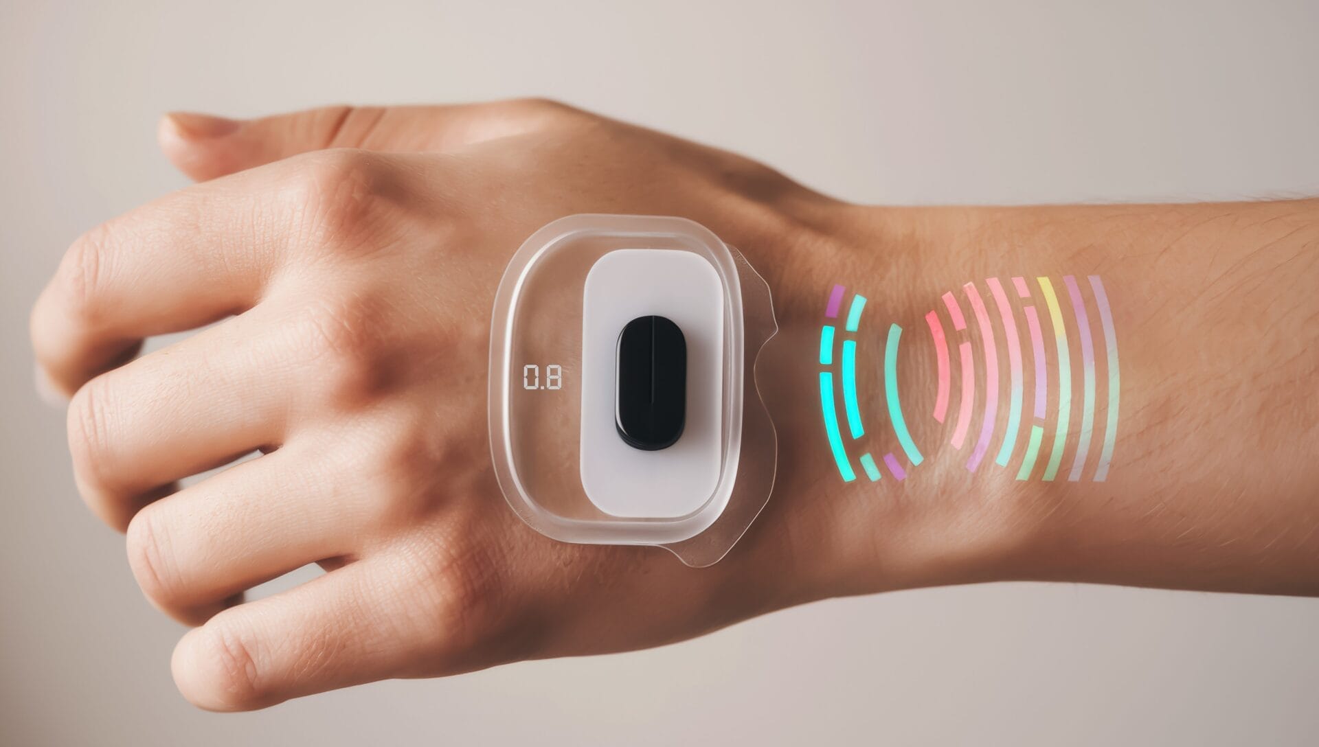 auto_awesome Meintest du: A futuristic wearable device projects colorful data patterns on a hand, showcasing technology integration with health monitoring. 131 / 5.000 Ein futuristisches tragbares Gerät projiziert bunte Datenmuster auf eine Hand und demonstriert so die Integration der Technologie in die Gesundheitsüberwachung