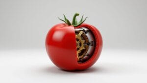 Technologie trifft Natur eine mechanisierte Tomate Studio-Kulisse surreale Komposition Nahaufnahme