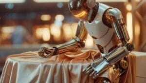 humanoider Roboter näht Kleidung