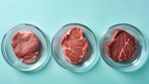 Drei Petrischalen mit kultivierten Fleischproben, die in einer Reihe auf blauem Hintergrund angeordnet sind, veranschaulichen Fortschritte in der sauberen Proteintechnologie und der Lebensmittelnachhaltigkeit.