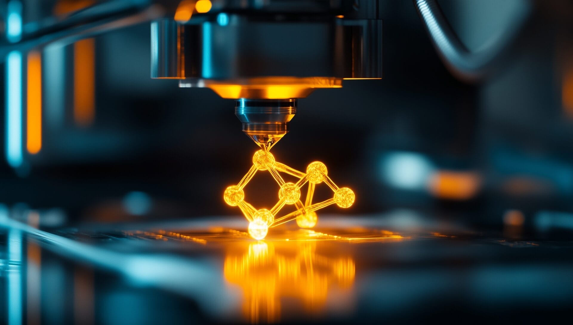 AdobeStock_1169322085_Web 3D-Drucker im Nanomaßstab, der eine leuchtende Molekülstruktur erzeugt, wobei Präzisionswerkzeuge scharf sichtbar sind.