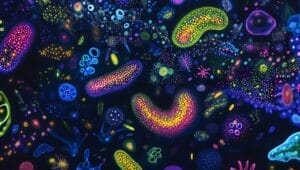 Landschaft, leuchtende Mikroorganismen, die komplizierte Muster bilden, magische biolumineszierende Bakterien in einem winzigen Universum