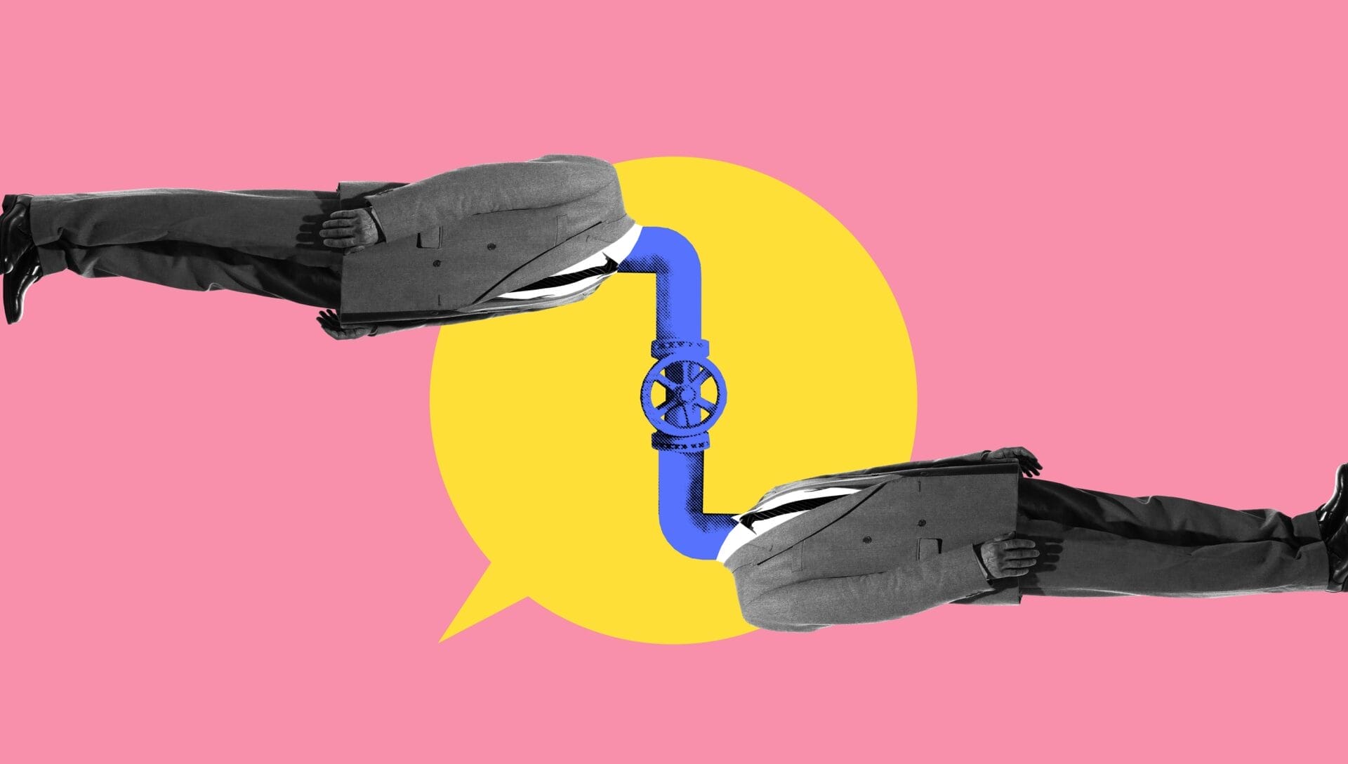 Surreale Collage, die zwei Menschen zeigt, die durch eine blaue Pipeline verbunden sind