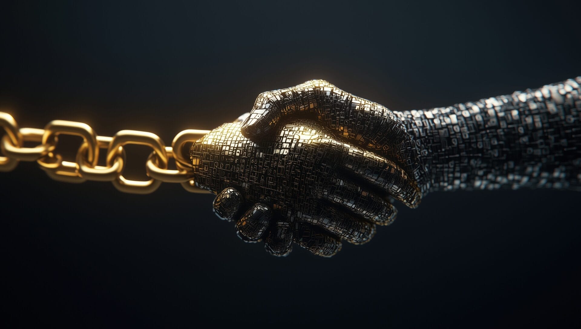 AdobeStock_1290536276_Web Abstrakter Händedruck aus metallischen und goldenen Händen, der eine Blockchain-Verbindung bildet. Digitales Vertrauenskonzept