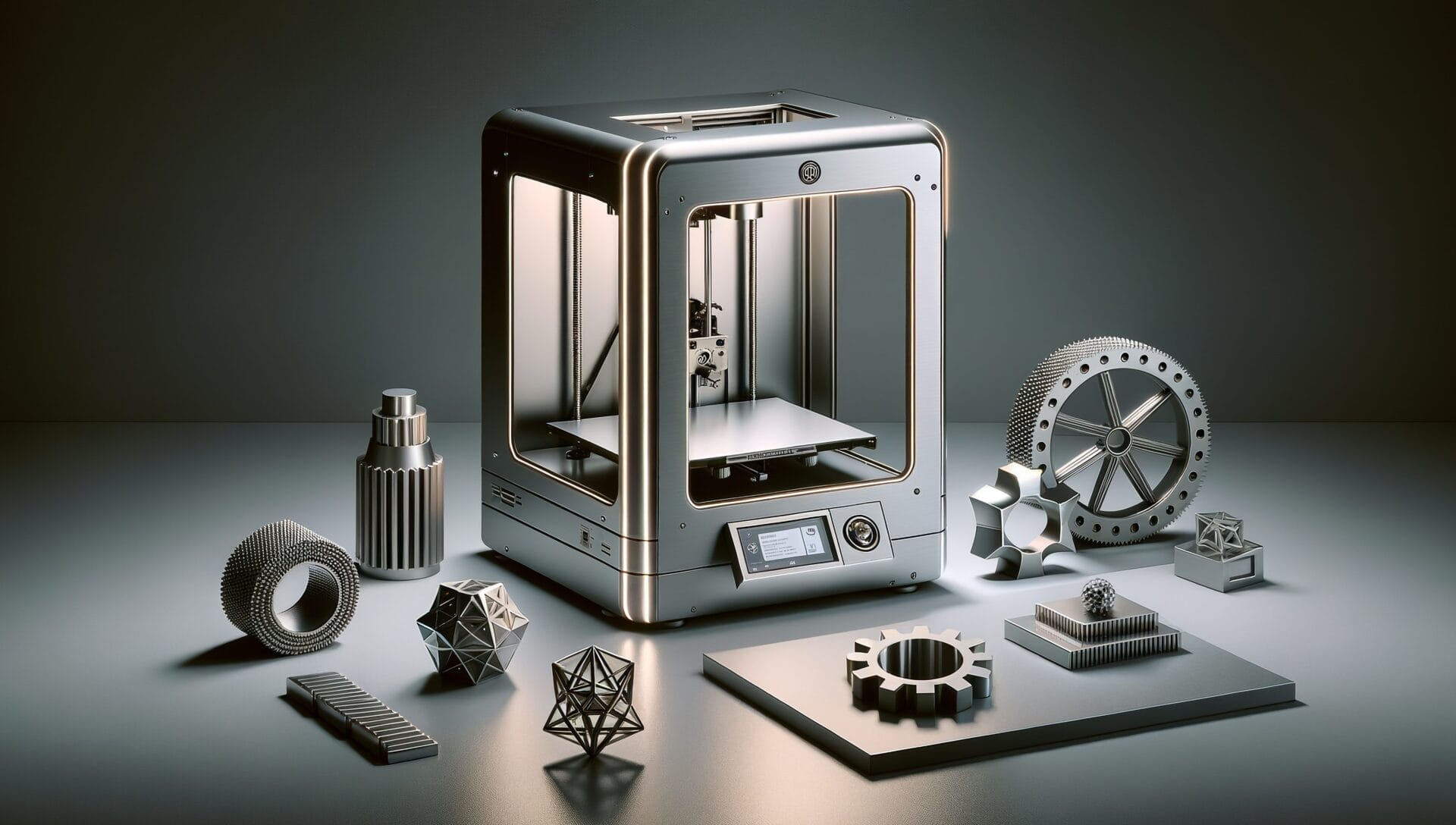 Eleganter 3D-Drucker mit Y2K-Designelementen und gedruckten Objekten auf einem sauberen Schreibtisch