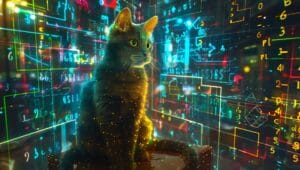 Schrödingers Katze in einer Kiste, leuchtende mathematische Formeln, superdetaillierte digitale Grafiken.