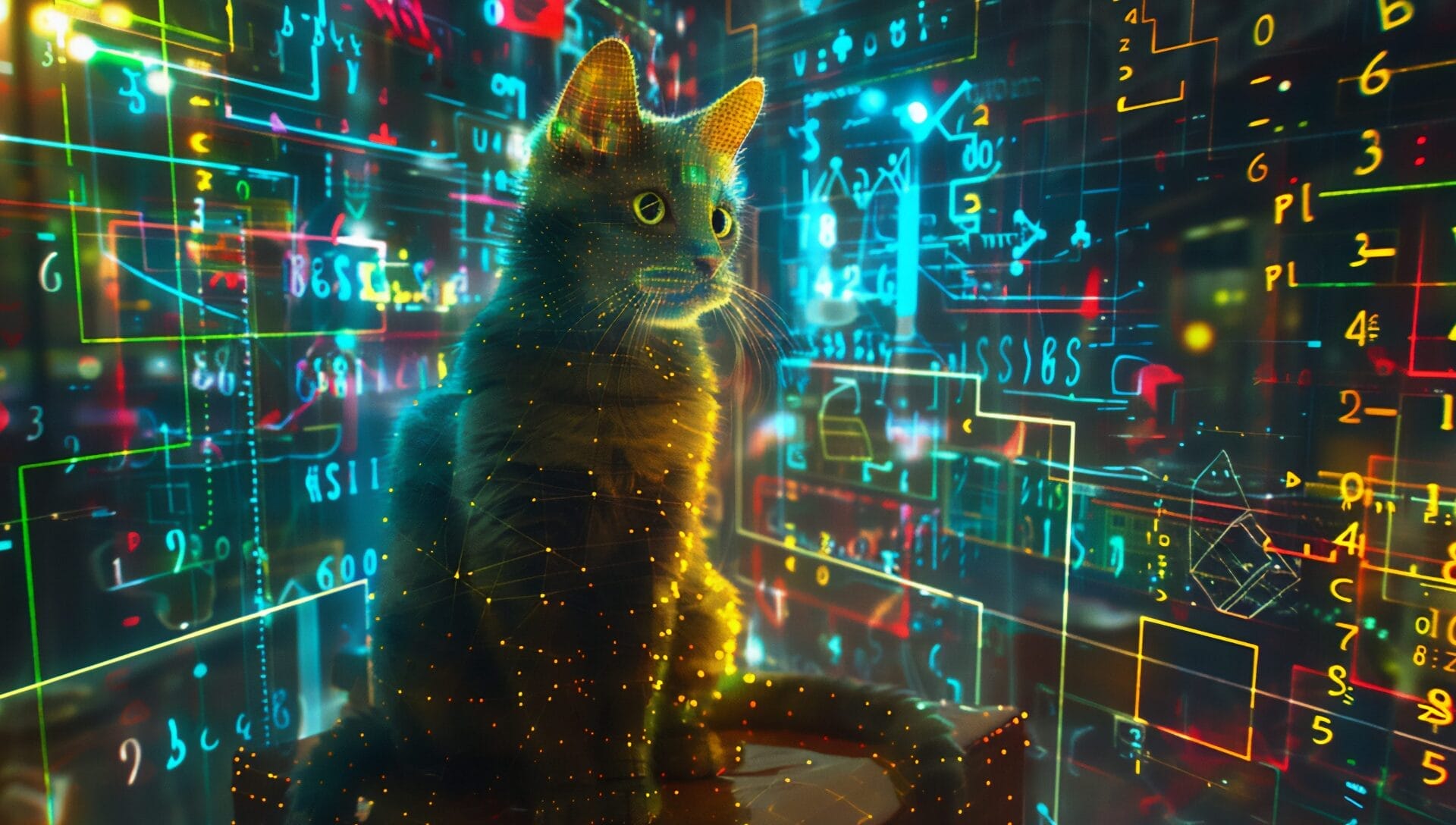 Schrödingers Katze in einer Kiste, leuchtende mathematische Formeln, superdetaillierte digitale Grafiken.